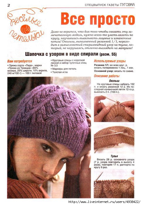 Описание вязаной шапки бини