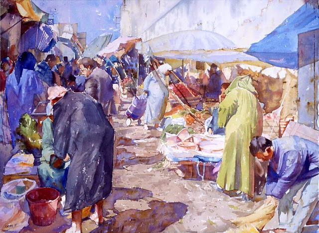 Geoffrey Wynne old Street Market Morocco watercolour Mercado callejero Marruecos (640x467, 353Kb)