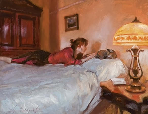 CAT ON A BED - OIL ON LINEN ON PANEL (600x466, 193Kb)