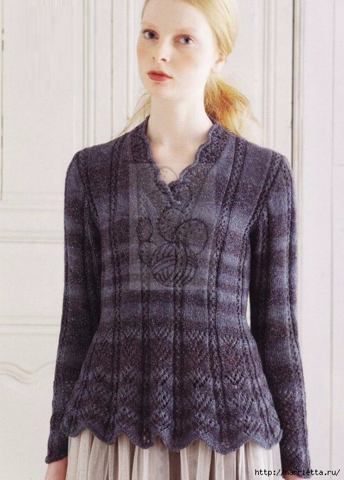 Пуловер спицами с ажурным низом (485x677, 223Kb)