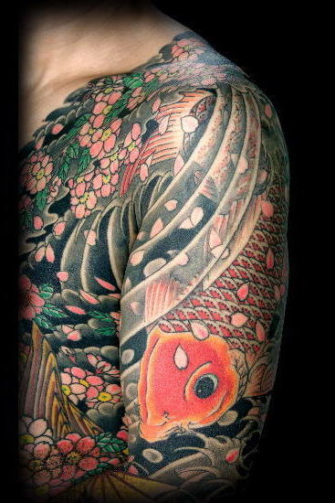 colorful koi fish design tattoo for men
