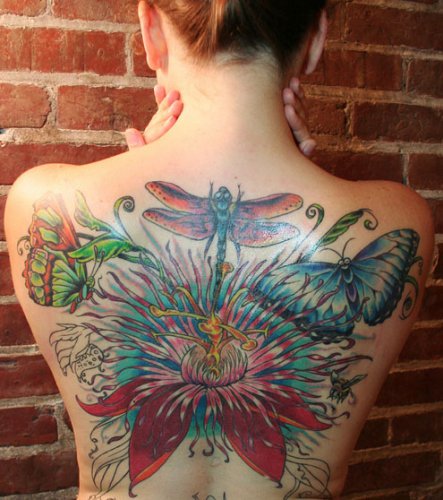 japanese flower dragon fly and butterfly tattoo design on back