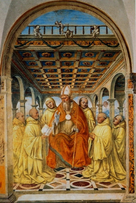 Конфирмация Ордена оливетов епископом Ареццо. 1503-1504. Фреска трапезной монастыря Св. Анны в Кампрене. (469x700, 126Kb)