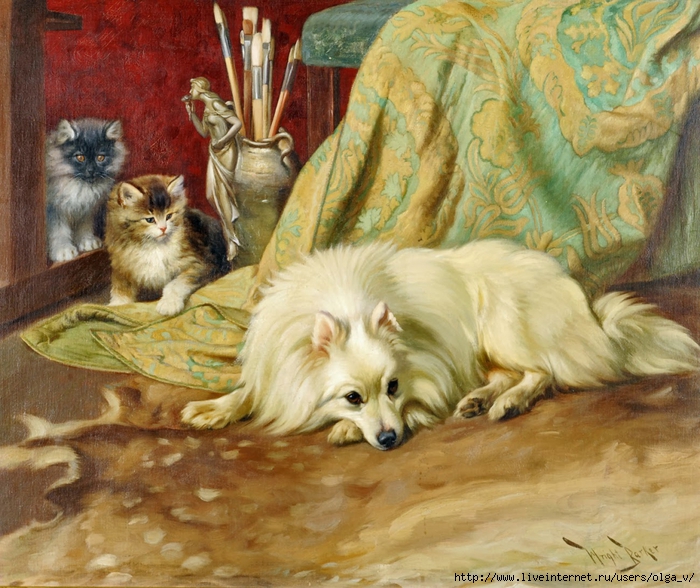 4964063_Wright_Barker__Spitz_Dog_with_Two_Kittens_beside_an_Artists_Brush_Pot (700x588, 358Kb)