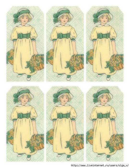 Girl in yellow + green with flowers ~ gift tags ~ lilac-n-lavender (541x700, 327Kb)