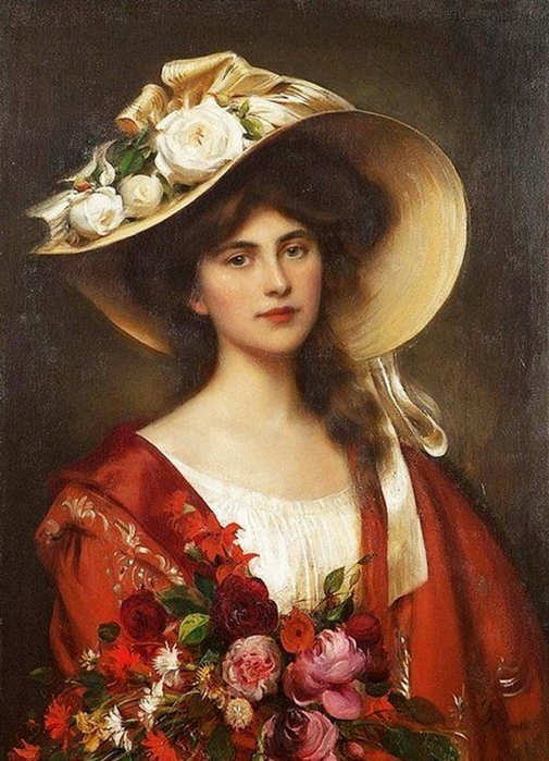 Portrait of a Young Woman in a Hat Holding a Bouquet of Flowers (505x700, 394Kb)