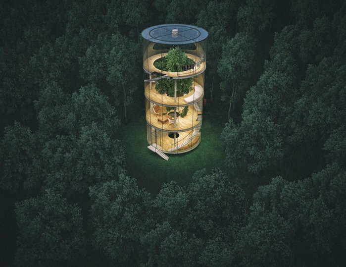 Казахский дизайнер спроектировал потрясающий стеклянный дом в виде... трубы вокруг дерева