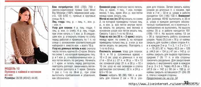Модный пуловер спицами узором из поперечных кос Модный пуловер спицами узором из поперечных кос