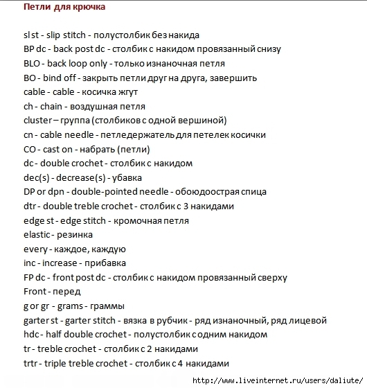 Обозначения при вязании крючком в схемах на английском