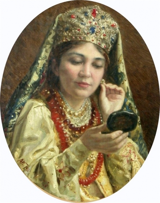 Владимир Егорович Маковский «Девушка, смотрящаяся в зеркало (примеряющая серьги)» 1916 (554x700, 217Kb)