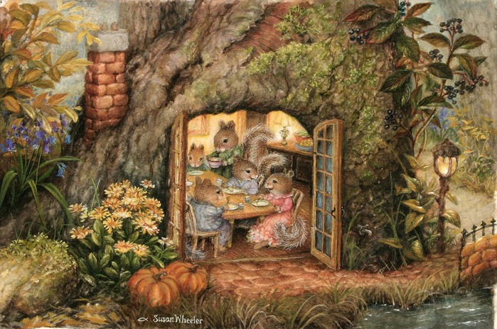 Squirrel Thanksgiving in Tree Trunk Susan Wheeler (700x464, 163Kb)
