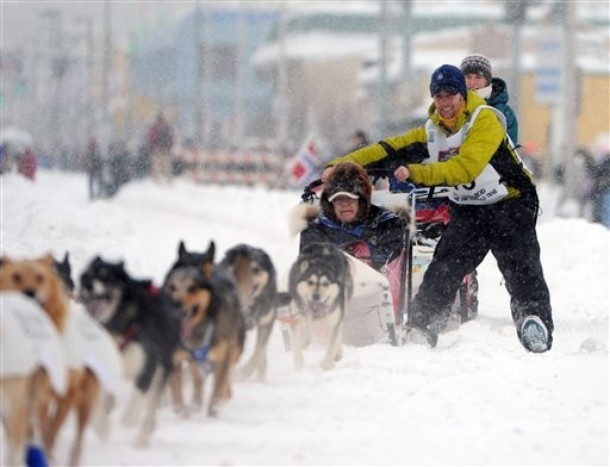 Гонки на собачьих упряжках (40th Iditarod Trail Sled Dog Race) в центре города Анкоридж, Аляска, 3 марта 2012 года.