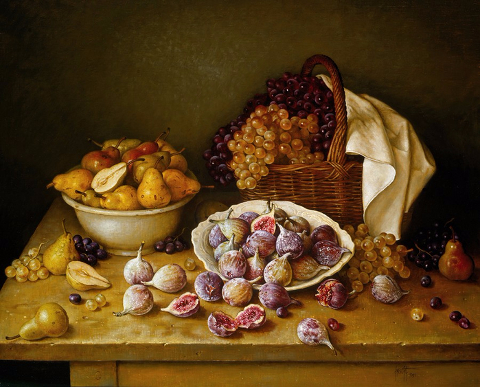 BOWL OF FIGS  PEARS BASKET OF GRAPES 76x91 cms  Oil on Canvas on Panel 1993 (700x563, 447Kb)