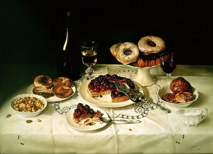 CAKES AND WINE ON TABLECLOTH 66x91 Cms Oil on Canvas 1994 (700x507, 358Kb)