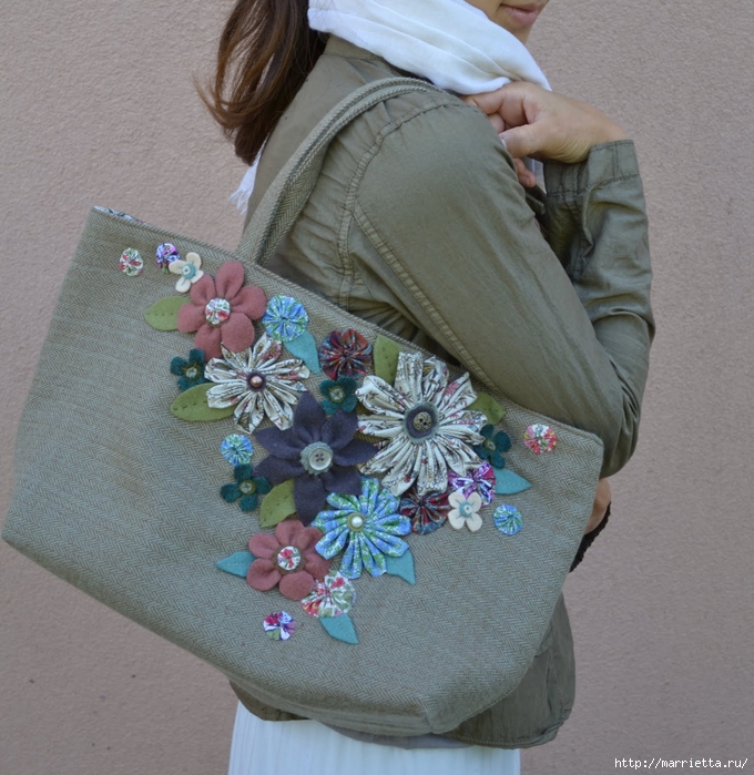 Складная сумка авоська из нейлона 40×38 см принт цветы