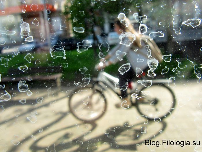 Девушка на велосипеде в дождь сквозь капли дождя (700x528, 70Kb)