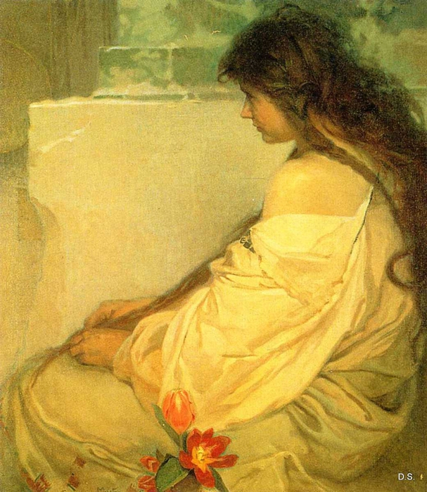 Девушка с распущенными волосами и тюльпанами-1920 (607x700, 347Kb)