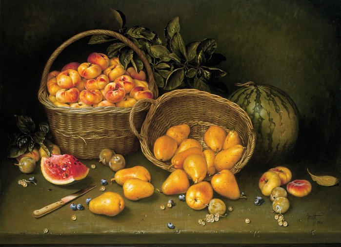 BASKET OF PEACHES AND PEARS WITH WATERMELON 66z91 cms Oil 1994 (700x507, 100Kb)