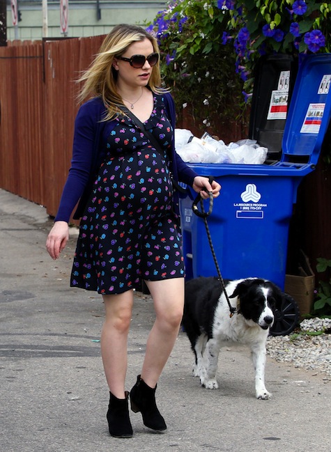 Беременная Анна Пэкуин на прогулке с питомцем.