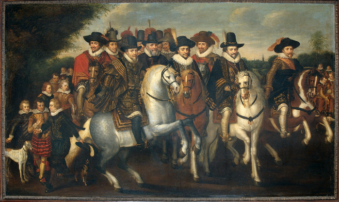 Prins Maurits vergezeld van zijn twee broeders, Frederik V van de Palts en enkele graven van Nassau te paard (700x416, 452Kb)