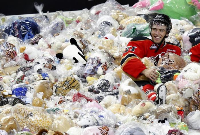 Зрители хоккейного матча между Calgary Hitmen и Kootenay Ice пожертвовали десятки тысяч плюшевых медведей