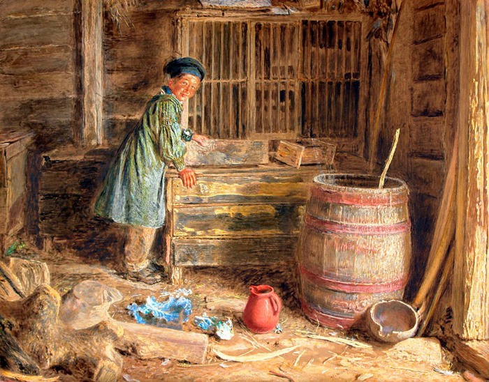 Уильям Генри Хант (английский, 1790-1864) A Barn Interior with a Boy Standing by a Chest probably 1840s аква (700x548, 168Kb)