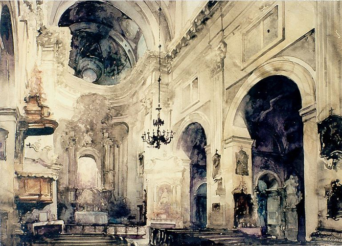 Arhitektor-akvarelist-Paul-Dmoch.-Nef-Eglise-des-Piaristes-Cracovie (700x503, 445Kb)