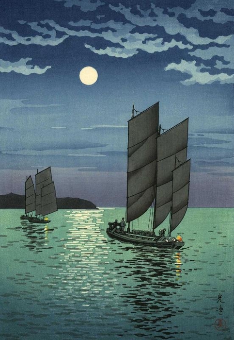 Tsuchiya Koitsu. Лодки в Минато, Ночь (483x700, 246Kb)