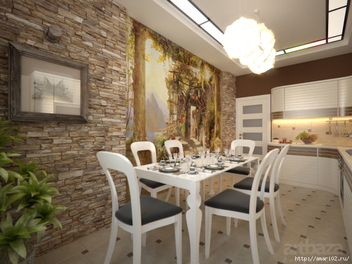 Дизайн интерьера светлой кухни с росписью на стене (1) - копия (700x525, 291Kb)