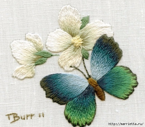 Объемная вышивка. Бабочки в вышивке гладью (3) (499x440, 177Kb)