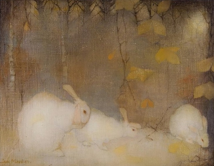 Witte konijnen in herfstbos     White rabbits in autumn. 1911 (700x543, 349Kb)