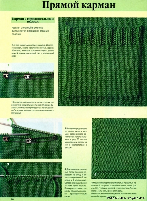 Вязание спицами бесшовного накладного кармана