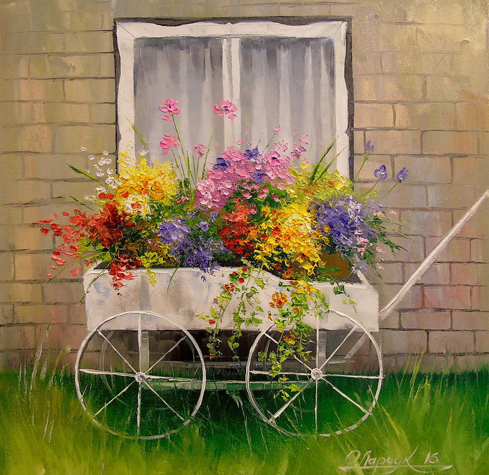 Olha-Darchuk-Old-Wagon-With-Flowers (700x680, 660Kb)