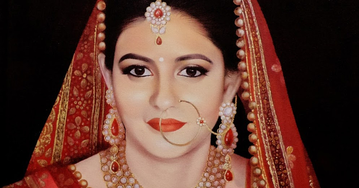 Bride Oil Painting - Gorgeous Indian Bride Canvas Portrait (700x367, 231Kb)