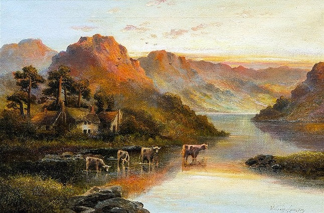 British Cattle in a Highland Loch Scene (646x425, 429Kb)