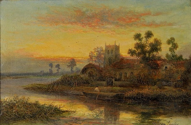 a figure in a punt near a church, and its pair (653x429, 362Kb)