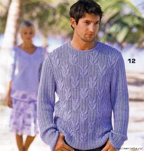 Красивый мужской пуловер спицами (3) (607x640, 340Kb)