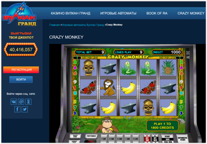 Популярный автомат Crazy Monkey на сайте vulkan-grand-kasino.com