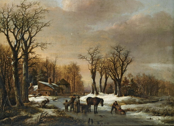 1824_Зимний пейзаж с персонажами на льду (A Winter Landscape With Skaters And Figures By A Horse Sledge On The Ice)_44 х 59_х.,м._Частное собрание (700x508, 413Kb)