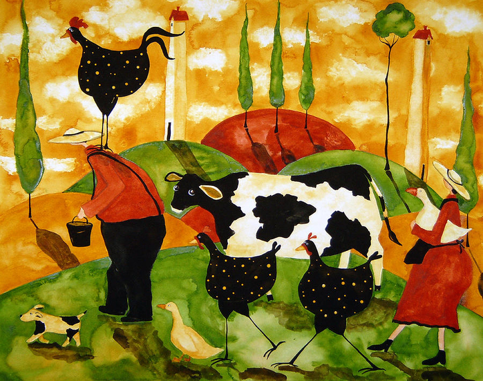 hubbs-art-folk-prints-whimsical-farm-animals-italy-funny-tuscan-cow-chicken-rooster-dog-duck-family-debi-hubbs (700x551, 599Kb)