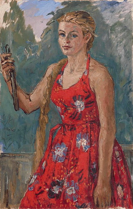 1957 Девушка в красном платье. Х, м. 100 by 65 cm. Аук МакДуглас Лондон 2012 (448x700, 150Kb)