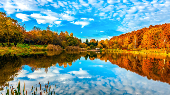 Lake reflecting sky in autumn landscape, Massachusetts, USA (700x393, 489Kb)