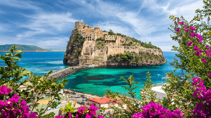 Landscape with medieval Aragonese Castle, Ischia island, Gulf of Naples, Italy (700x393, 466Kb)