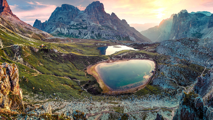 Tre Cime di Lavaredo National park with Laghi del Piani lakes, Dolomites, South Tyrol, Italy (700x393, 477Kb)