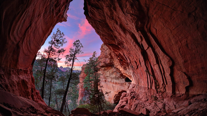Trees and sky seen through cave at sunset, Red Rock State Park, Sedona, Arizona, USA (700x393, 369Kb)
