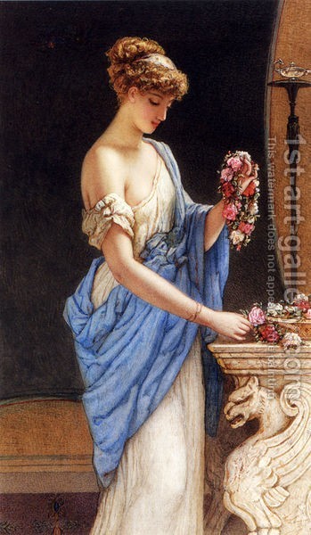 Auguste Jules Bouvier, N.W.S. : A Girl In Classical Dress Arranging A Garland Of Flowers