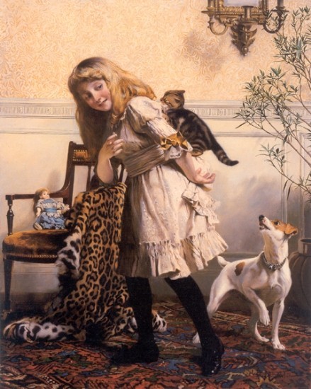 Charles Burton Barber - Any Port in a Storm Fox Terrier and Kittens Victorian Painting 