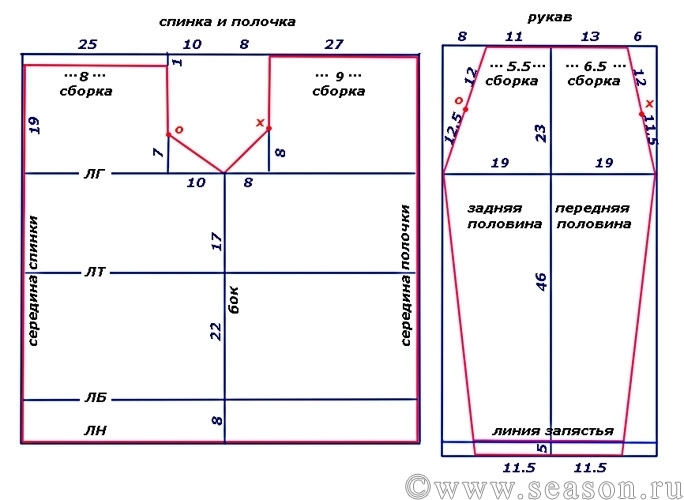 Лиф с длинным цельнокроеным рукавом и ластовицей