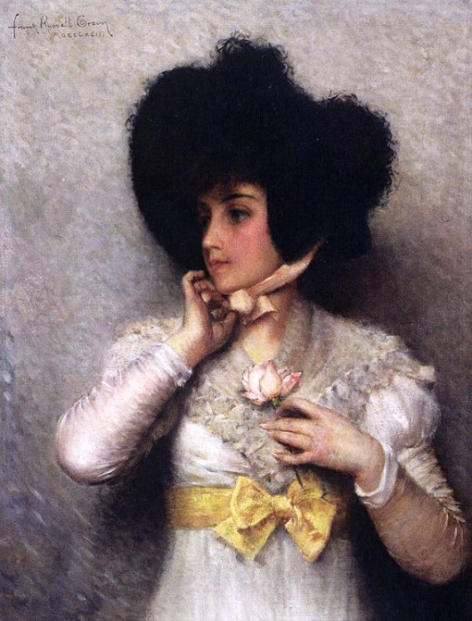Lady with a Pink Rose by Green, Frank Russell (American, 1859-1940)