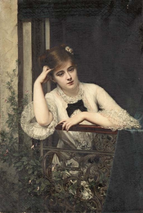 Jeune Fille Pensive Sur Un Balcon - Jules Emile Saintin